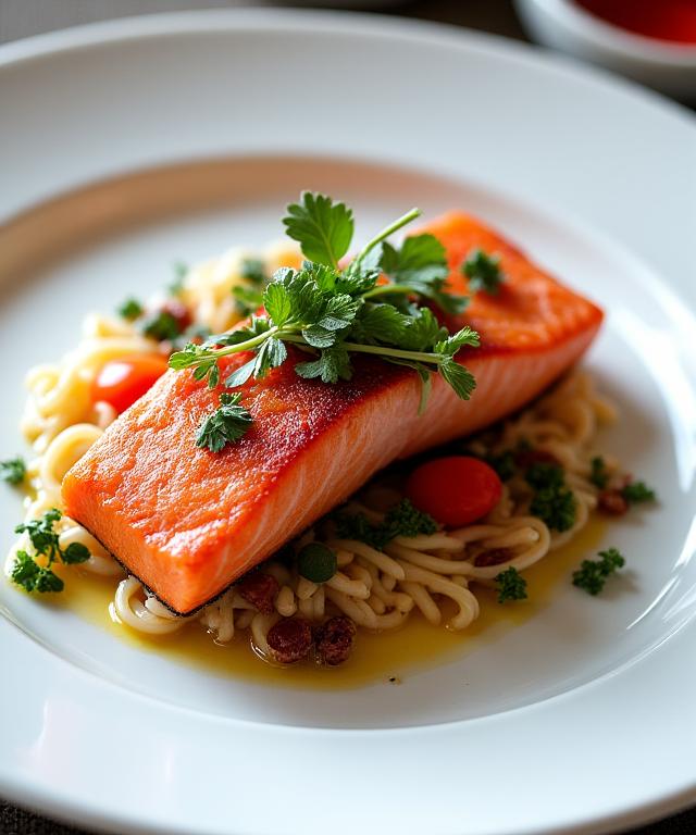 An exquisitely plated salmon dish from the Hearthwood Inn restaurant.
