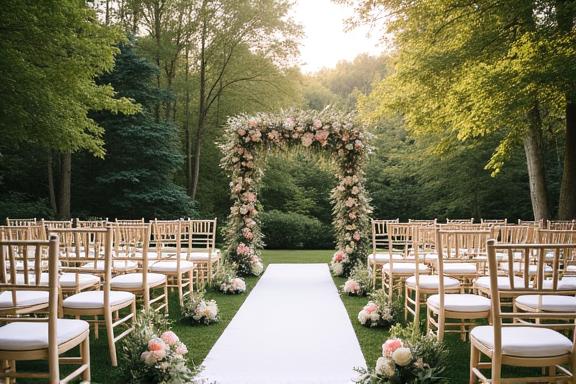 A beautiful outdoor wedding ceremony setup at Hearthwood Inn.