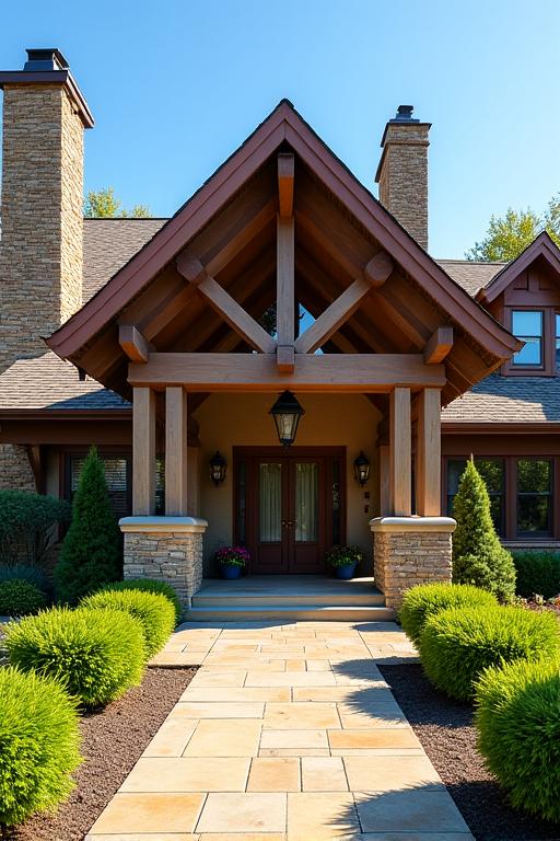 The grand entrance of Hearthwood Inn on a sunny day.