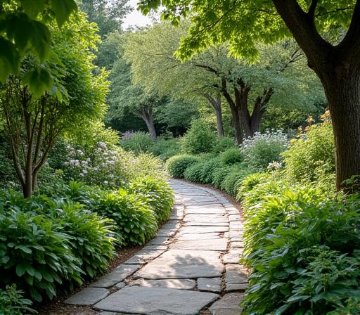 A stone pathway winding through the lush gardens of Hearthwood Inn.