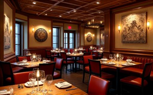 The warm and inviting ambience of The Hearthwood Table restaurant.