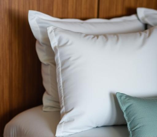 A detail shot of the custom woodwork and luxury bedding in a suite.