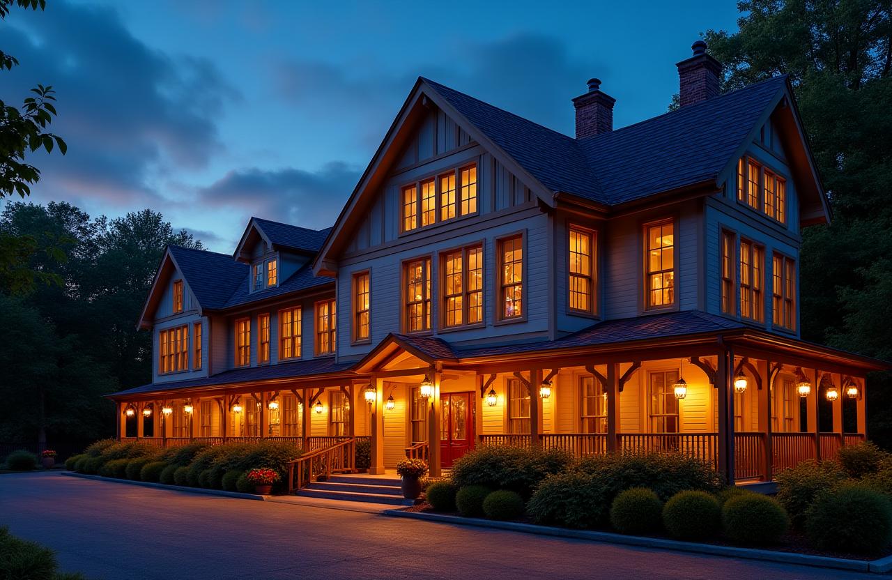 Exterior view of Hearthwood Inn illuminated warmly at dusk.