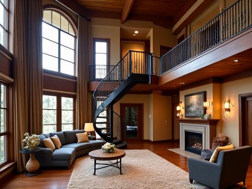 Expansive two-level Hearthwood Loft with high ceilings and a fireplace.