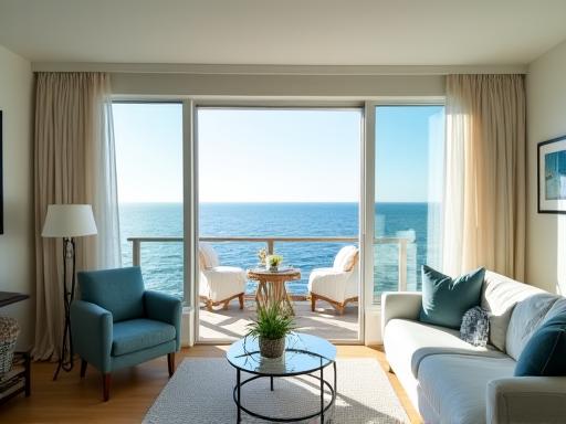 Bright and airy Oceanview Room with a large window and sea view.