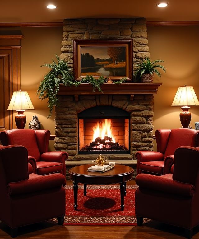 Cozy lobby of Hearthwood Inn with a crackling fireplace and comfortable armchairs.